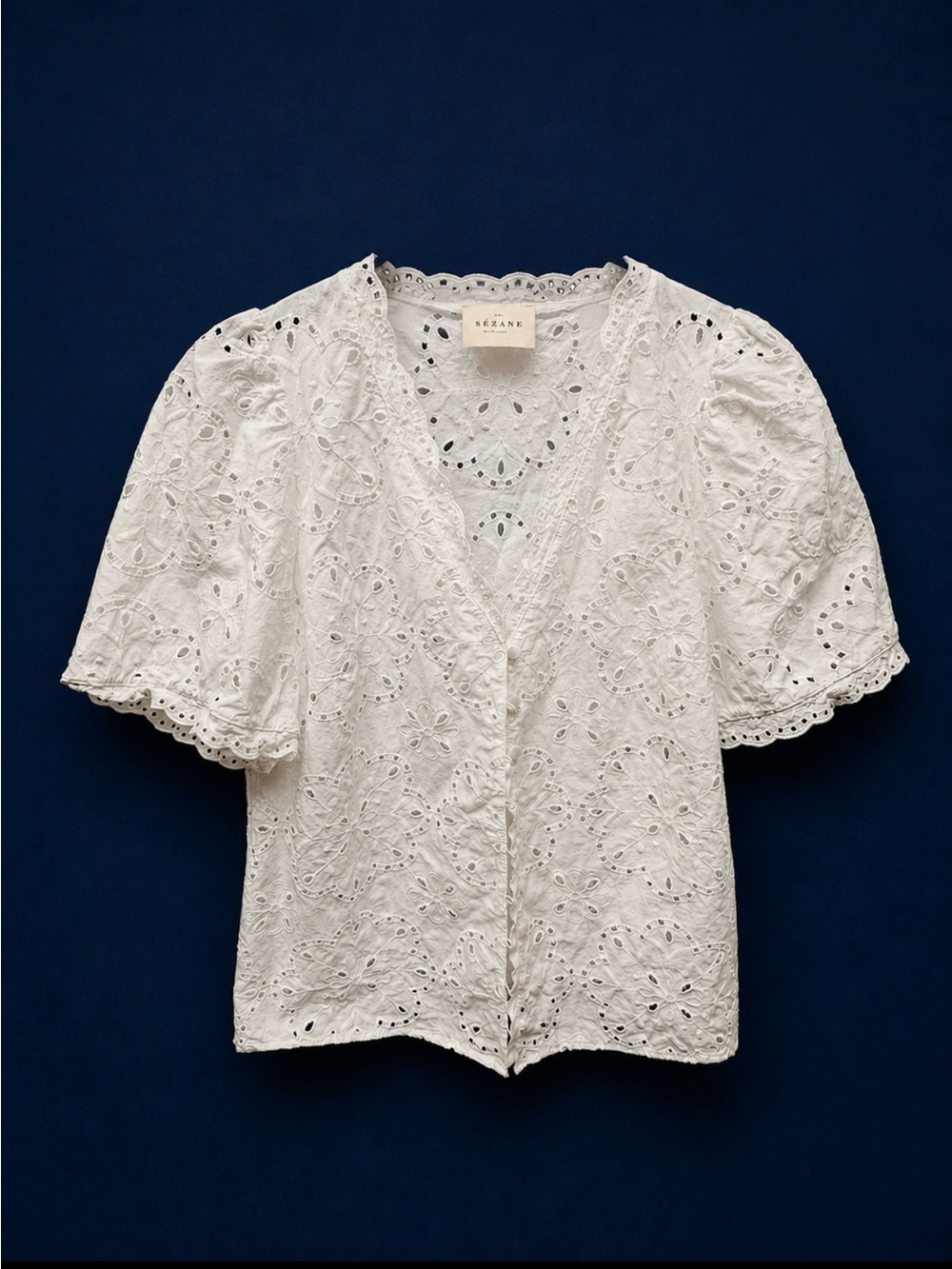 Sezane White Eyelet V-Neck Button Blouse